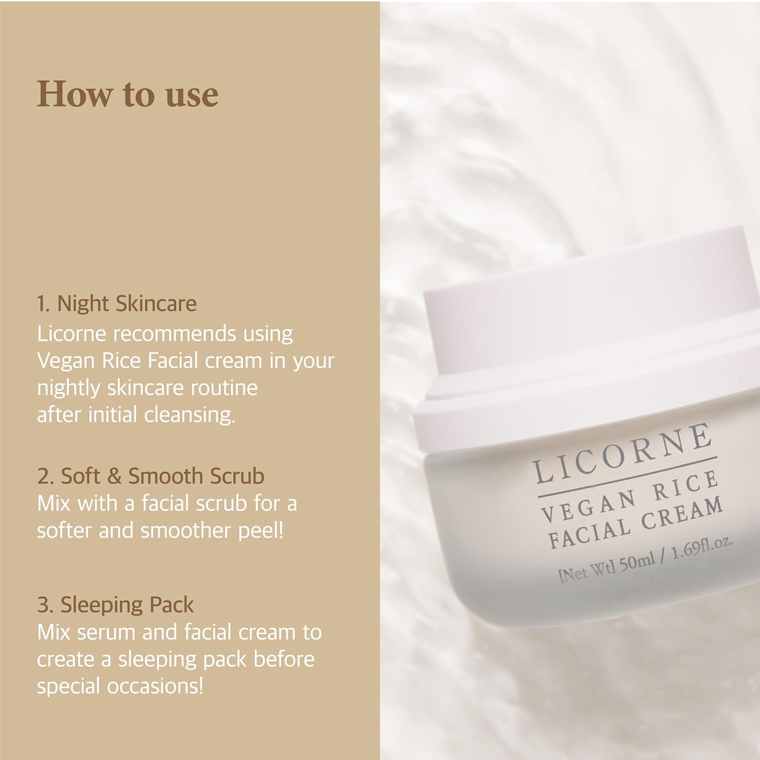 LICORNE Vegan Rice Facial Cream with instructions for Night Skincare, Soft & Smooth Scrub, and Sleeping Pack