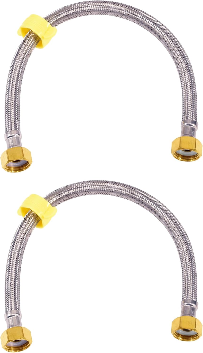 16 In Faucet Supply Lines, 1/2 x 1/2 Brass Female Faucet Connector, Braided Stainless Steel Faucet Hose for Kitchen Sink Toilet（2Pack)