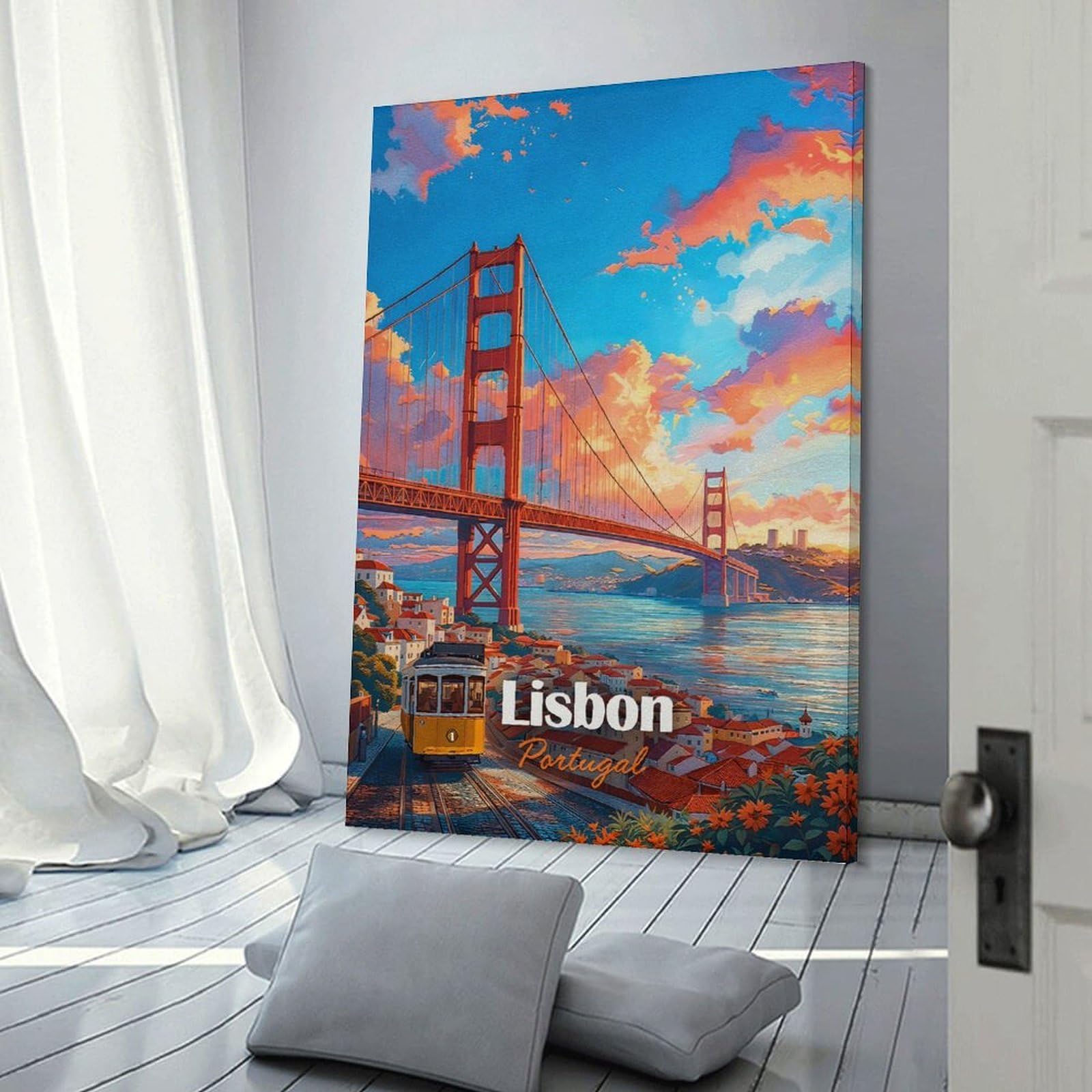 Junmoney Wall Picture Print Lisbon Portugal Tram And Bridge, 20x30inch(50x75cm), for Living Room, Lounge Or Sitting Room, A Home Accent with Warm Character