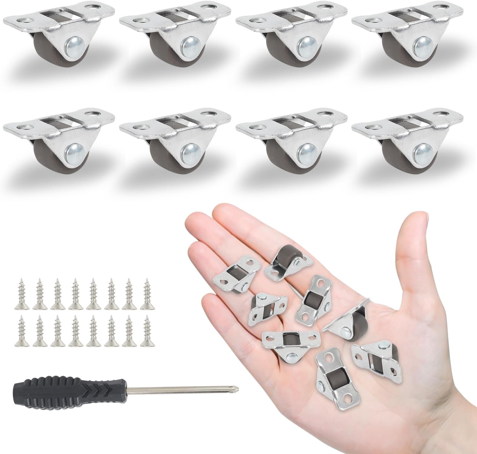 8Pcs 1/2 Inch Mini Caster Wheels Low Profile, Self Adhesive Single Direction Tiny Wheels, Little Rubber Rolling Wheels with Steel Top Plate for Small Appliances,Furniture(Non Swivel)