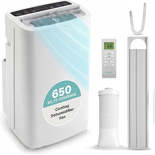 SereneLife Small Air Conditioner Portable 14,000 BTU with Built-in Dehumidifier - Portable AC unit for rooms up to 650 sq ft - Remote Control, Window Mount Exhaust Kit