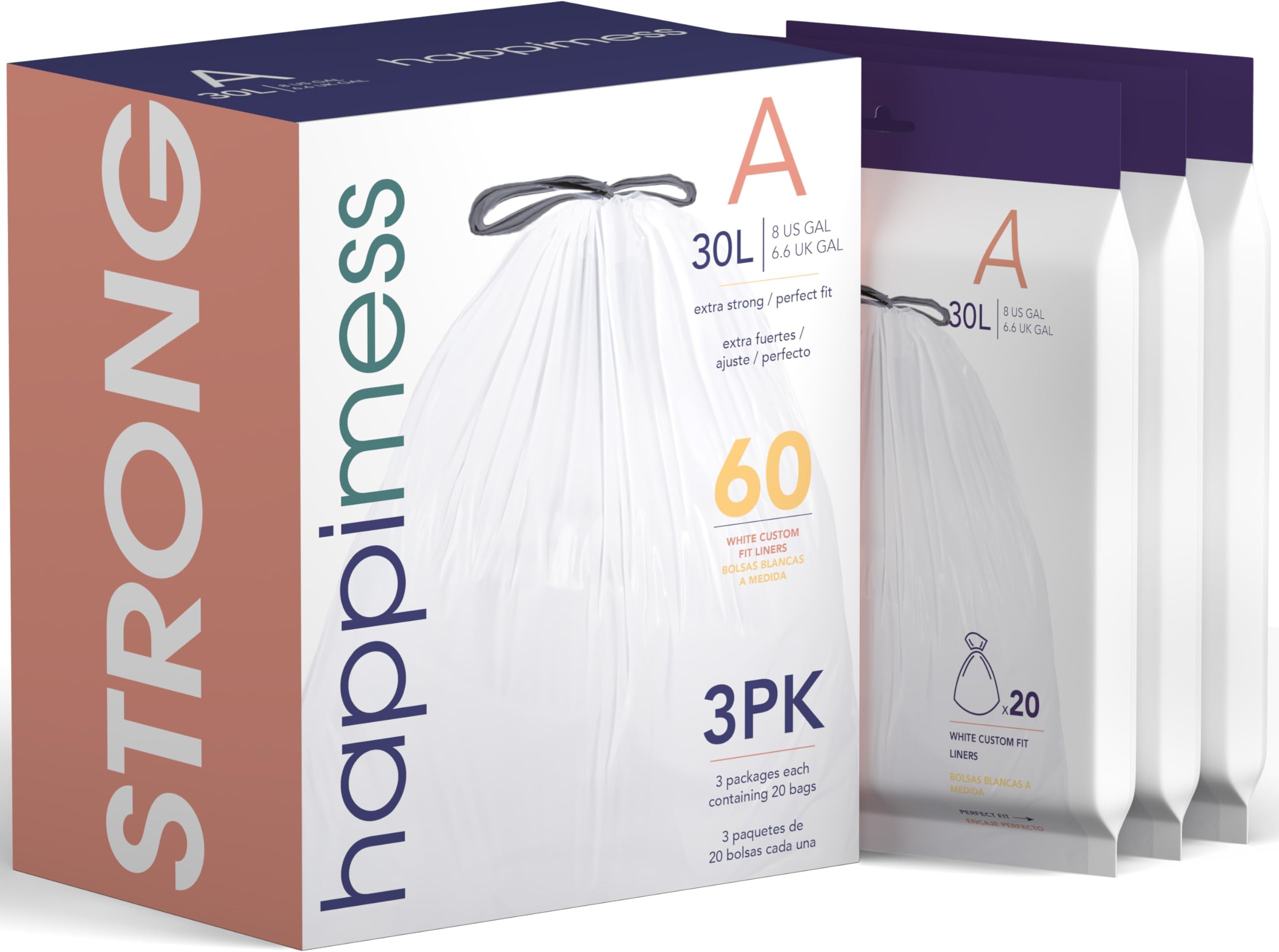 HPM3000A-WHITE 7.9 Gallon Kitchen Drawstring Trash Bags, Trash Can Liner, White, 60-Count, 3-Packs of 20 Liners