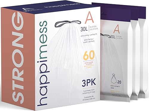 happimess HPM3000A-WHITE - Bolsas de basura con cordón de cocina de 7.9 galones, forro para botes de basura, color blanco, 60 unidades, 3 paquetes