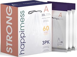happimess HPM3000A-WHITE 7.9 Gallon Kitchen Drawstring Trash Bags, Trash Can Liner, White, 60-Count, 3-Packs of 20 Liners