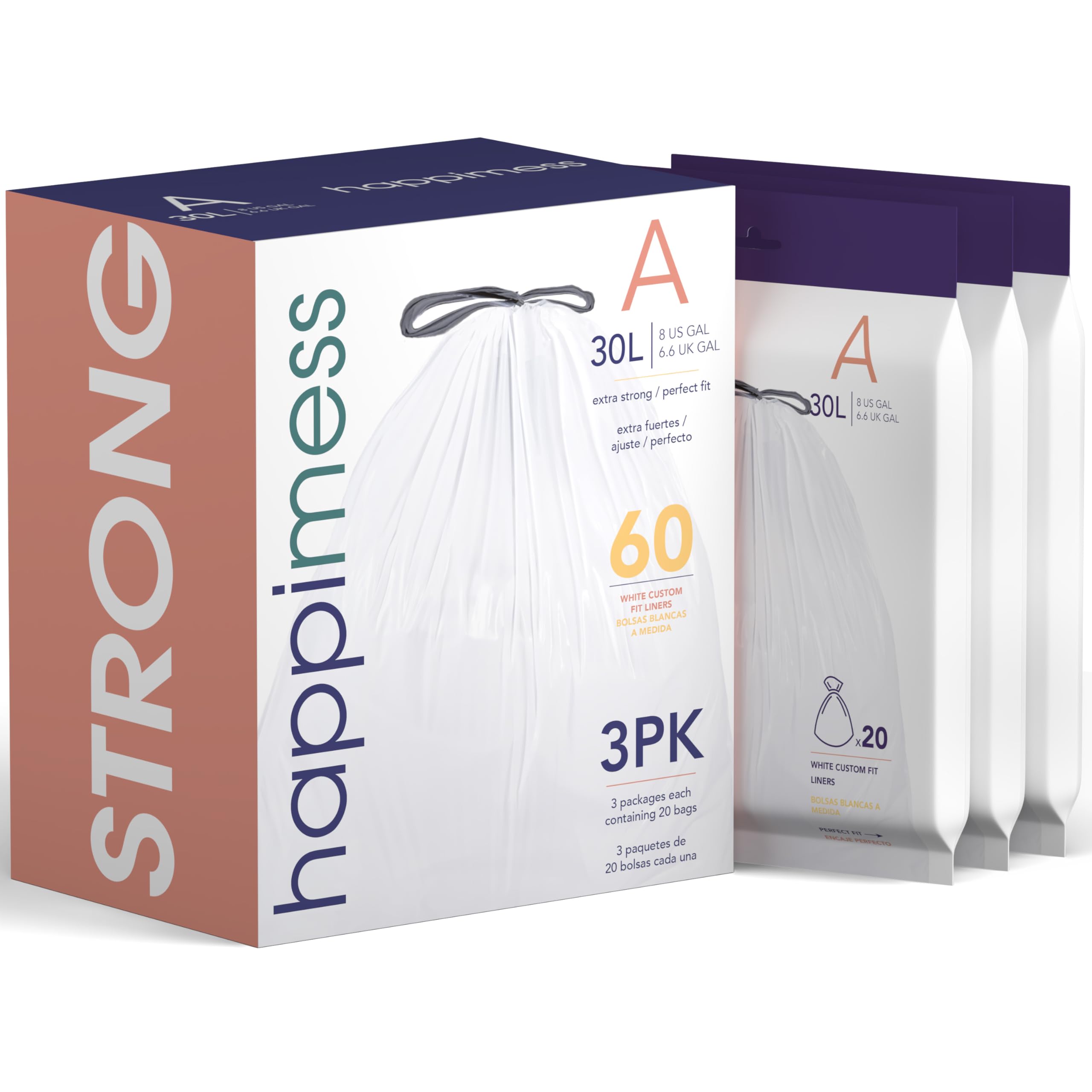 HPM3000A-WHITE 7.9 Gallon Kitchen Drawstring Trash Bags, Trash Can Liner, White, 60-Count, 3-Packs of 20 Liners