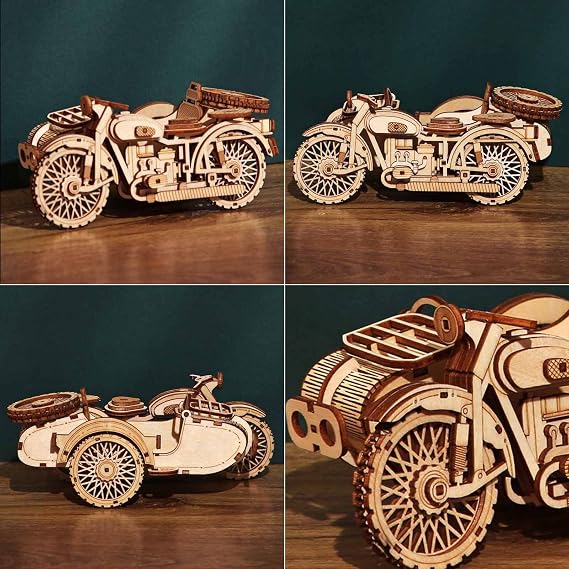 Motorcycle With Sidecar 3D Puzzle - Wooden Model Kit for Adults | Retro Design, Tricycle Motorbike, Building Set