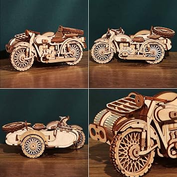 Motorcycle With Sidecar 3D Puzzle - Wooden Model Kit for Adults | Retro Design, Tricycle Motorbike, Building Set