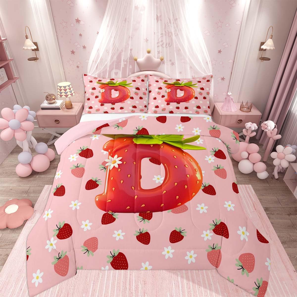 Feelyou Cute Girls Strawberry Comforter Set All Season Pink Red Princess Strawberry Bedding Set with 1 Pillow Cases Initial Letter D Microfiber Kids Twin Bedclothes Bedroom Decor Duvet Quilt Soft
