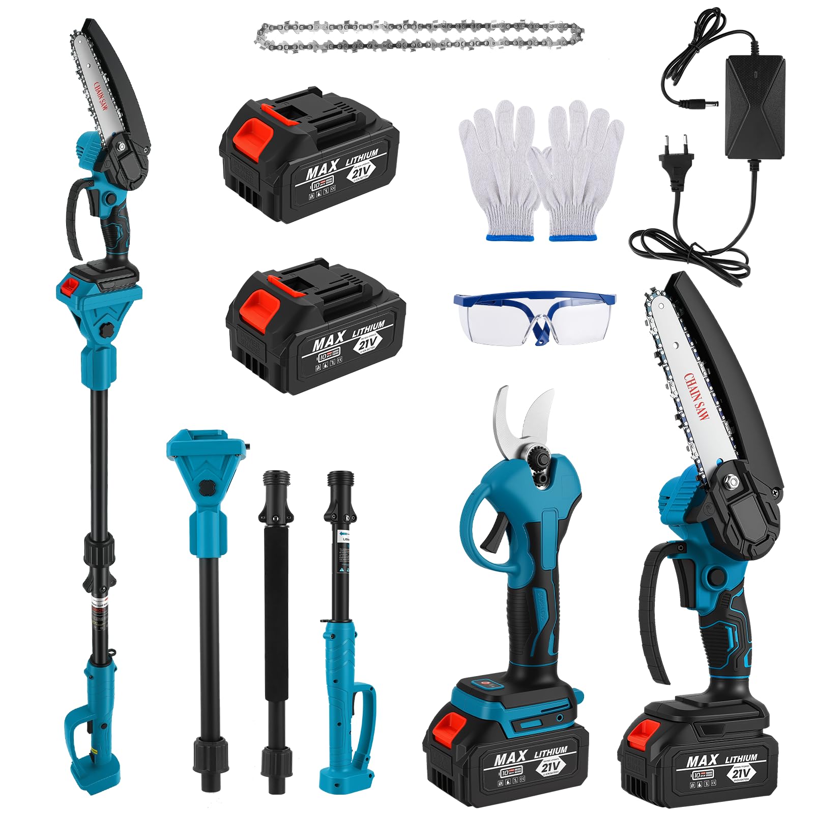 4 en 1 Podadora de Pértiga Inalámbrica, 6'' Motosierra Eléctrica sin Cable, Tijeras de Podar Eléctricas con Pértiga Ajustable de 1,32 a 2,3 m, con 2 Baterías y Cargador para Poda y Jardinería