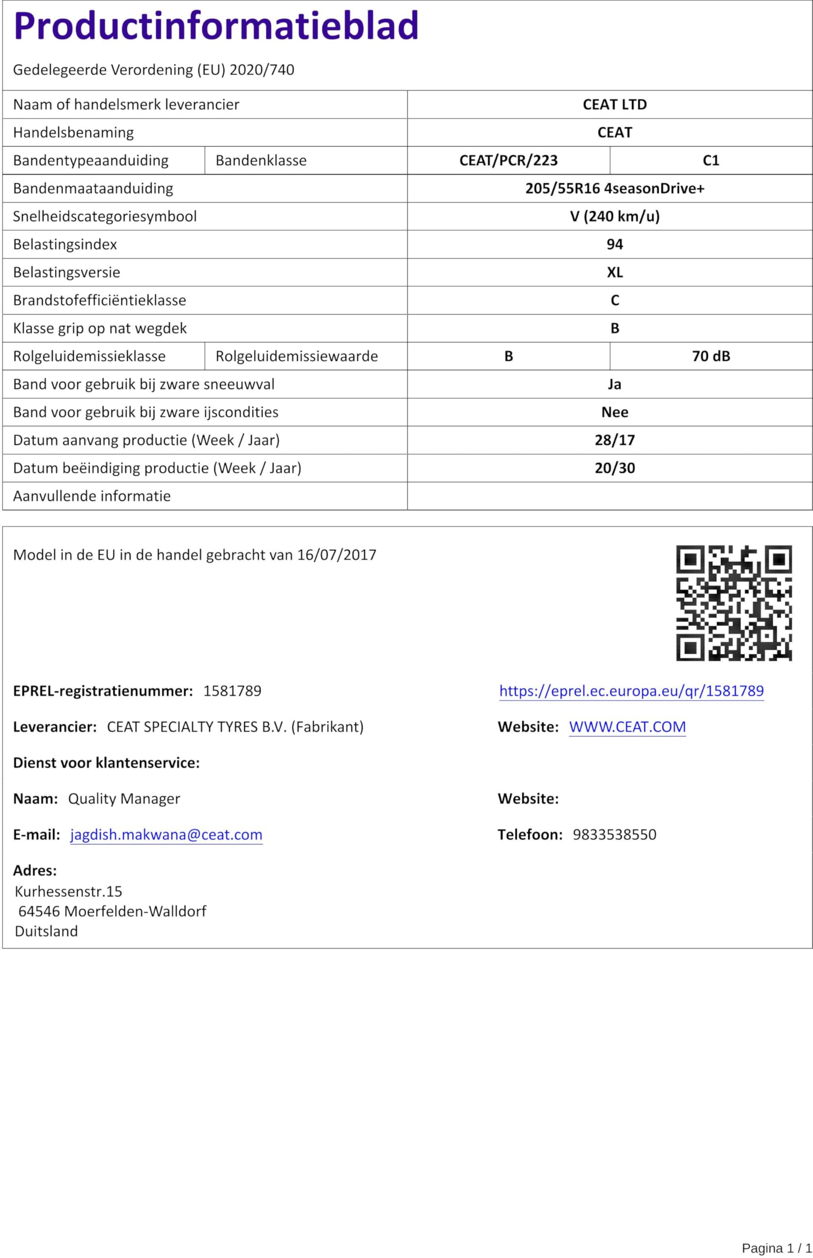 CEAT 205/55 R16 94V 4 Stagioni XL Auto