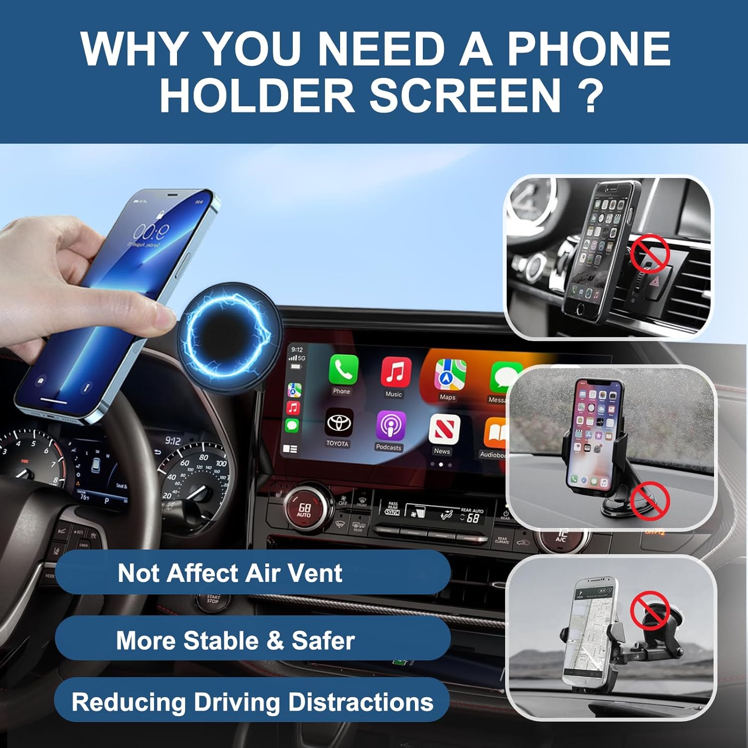 Car Phone Holder for 2020-2022 Toyota Highlander Accessories 12.3-inch Screen Fixed Clip, Magnet Cell Phone Mount Compatible with MagSafe, Hands-Free 360° Rotation Automobile Cradles Not Affect Vent
