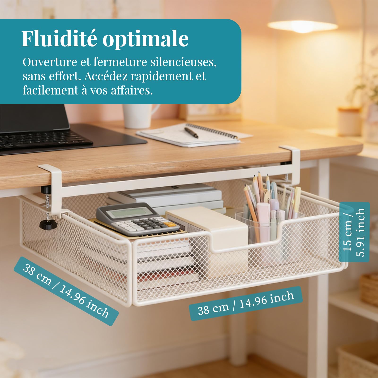 Milageto Panier de Rangement sous Tiroir de Bureau, Grande Capacité, Fer, Blanc