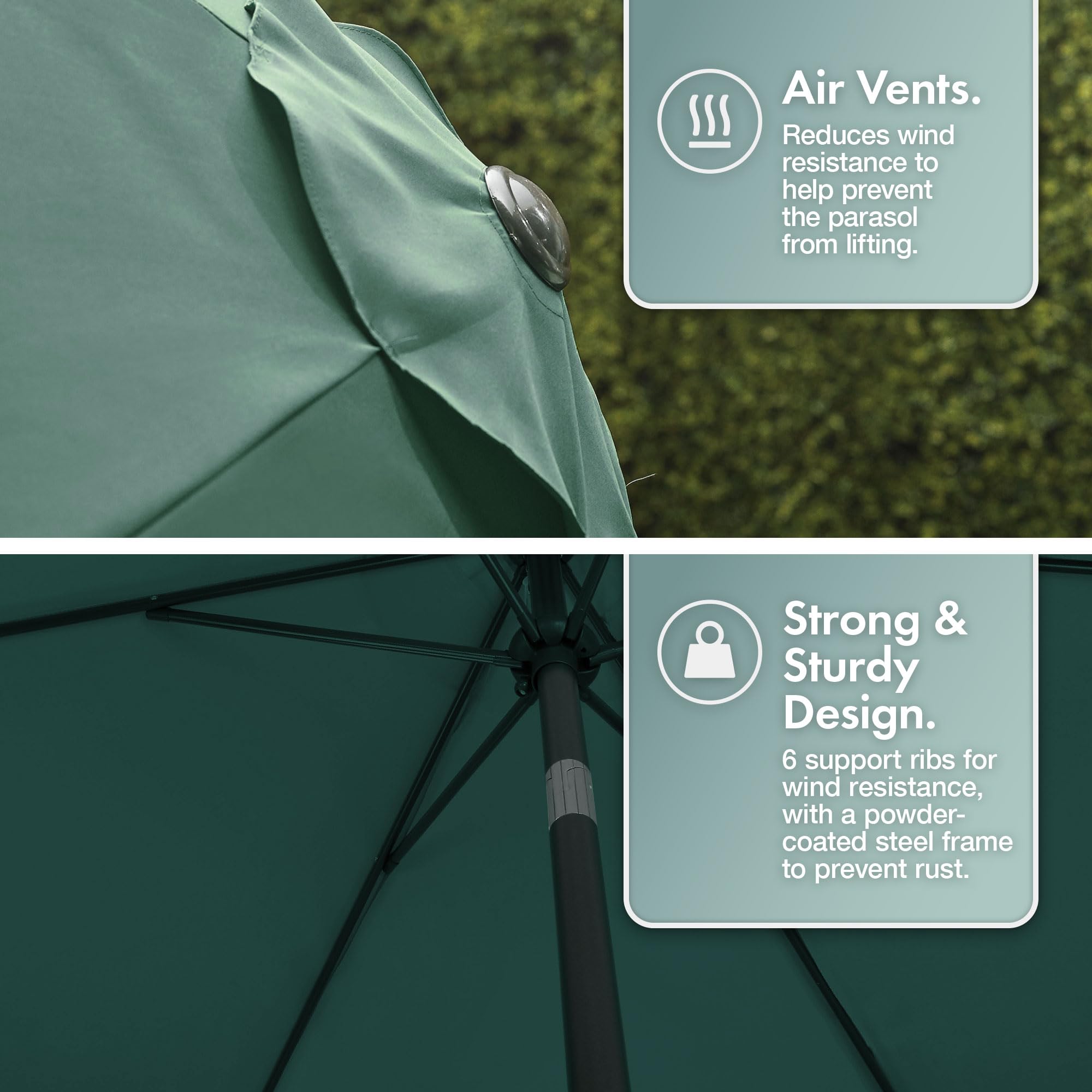 VonHaus Parasol 2M – Parasol Umbrella for Outdoor, Garden, Patio – Sun Shade Canopy with Hand Crank, Tilt Function, UV30+ Protection, Air Vent, Powder Coated Steel Frame - Dark Green — view 5