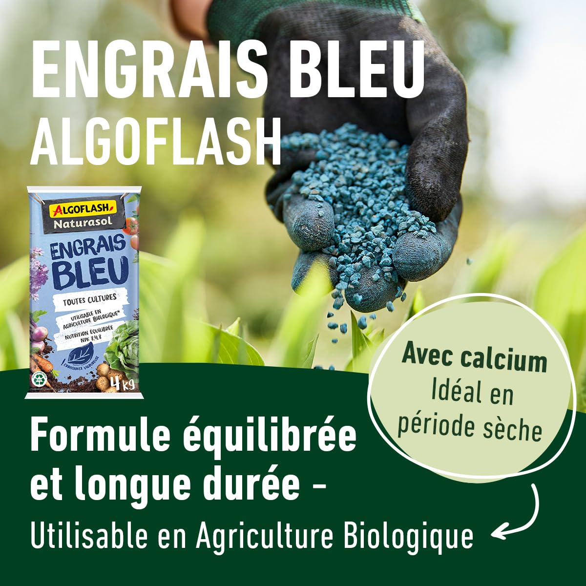 ALGOFLASH NATURASOL Engrais Bleu, Utilisable en Agriculture Biologique, Toutes Cultures, 4 kg, ABIOBLEU4