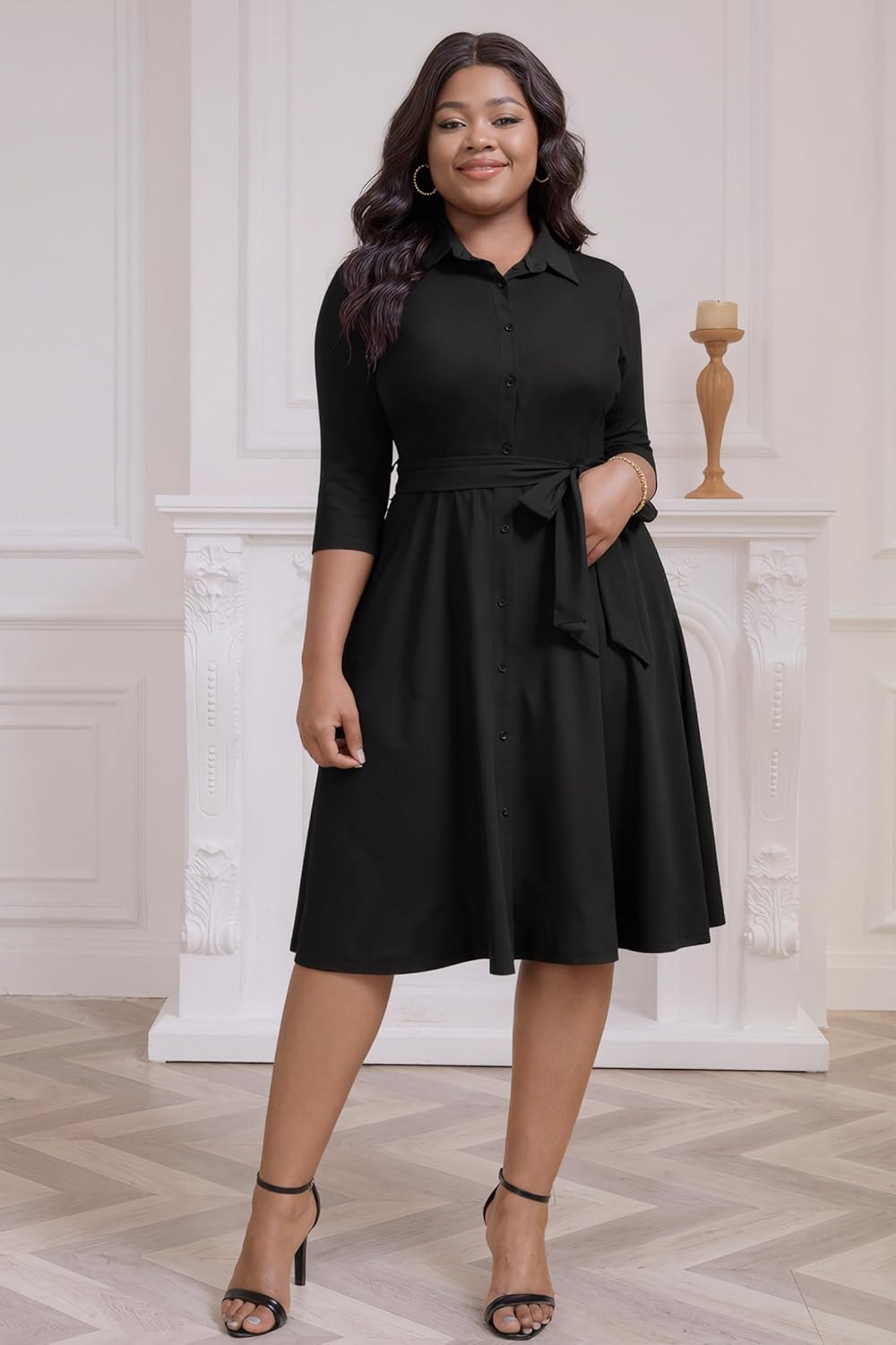 FANDEE Plus Size Midi Dress for Women Casual- Button Down Printing Summer Dresses for Office Cocktail 3/4 Sleeve （XL-5XL） - Image 11