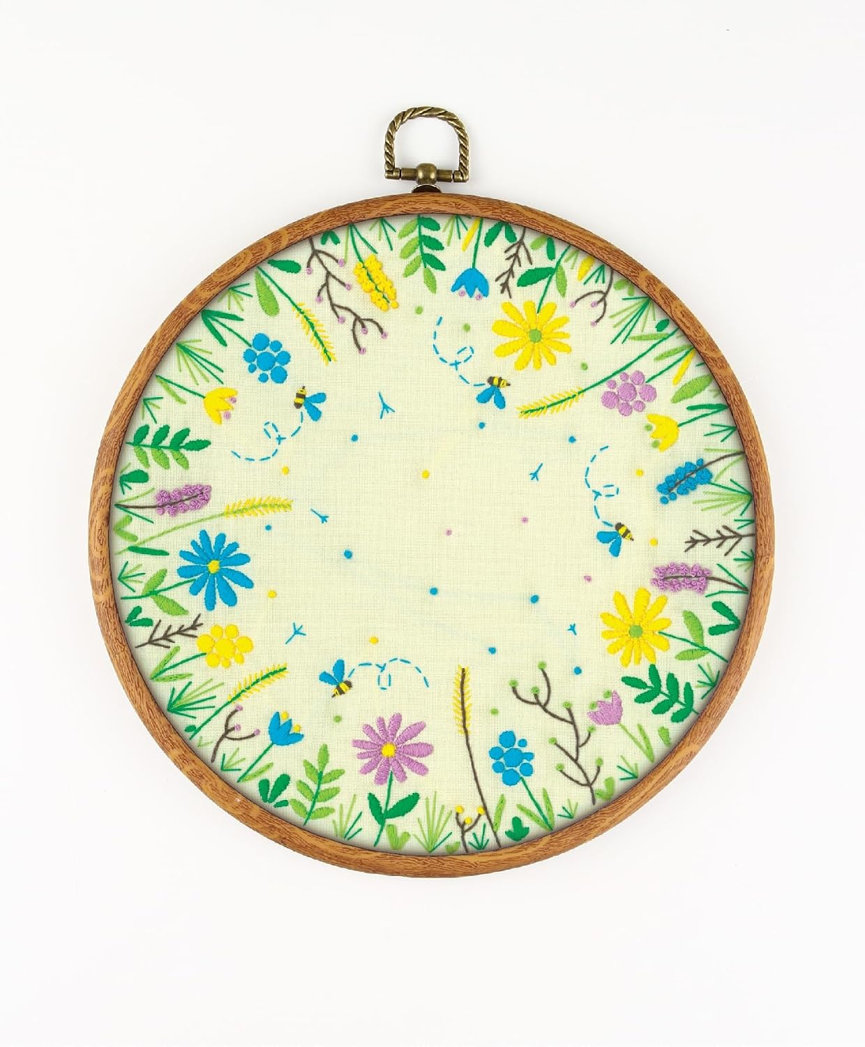 Spring Flowers EM298 - DIY Embroidery Kit. Set of Threads, Needles, Stamped Cloth, Needle Threader, Embroidery Clippers and Printed Color Pattern Inside.