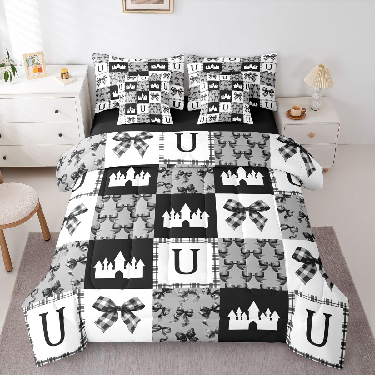 Erosebridal Initial U Letter 7 Pcs Bedding Set Full Ribbon Bow Comforter Set with Sheets Kawaii Bowknot Castle Bed in A Bag Aesthetic Bedroom Decor