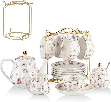 Porcelain Tea Sets British Royal Series, 8 OZ Cups& Saucer Service for 6, with Teapot Sugar Bowl Cream Pitcher Teaspoons and tea strainer and Display Stand for Tea/Coffee Flower