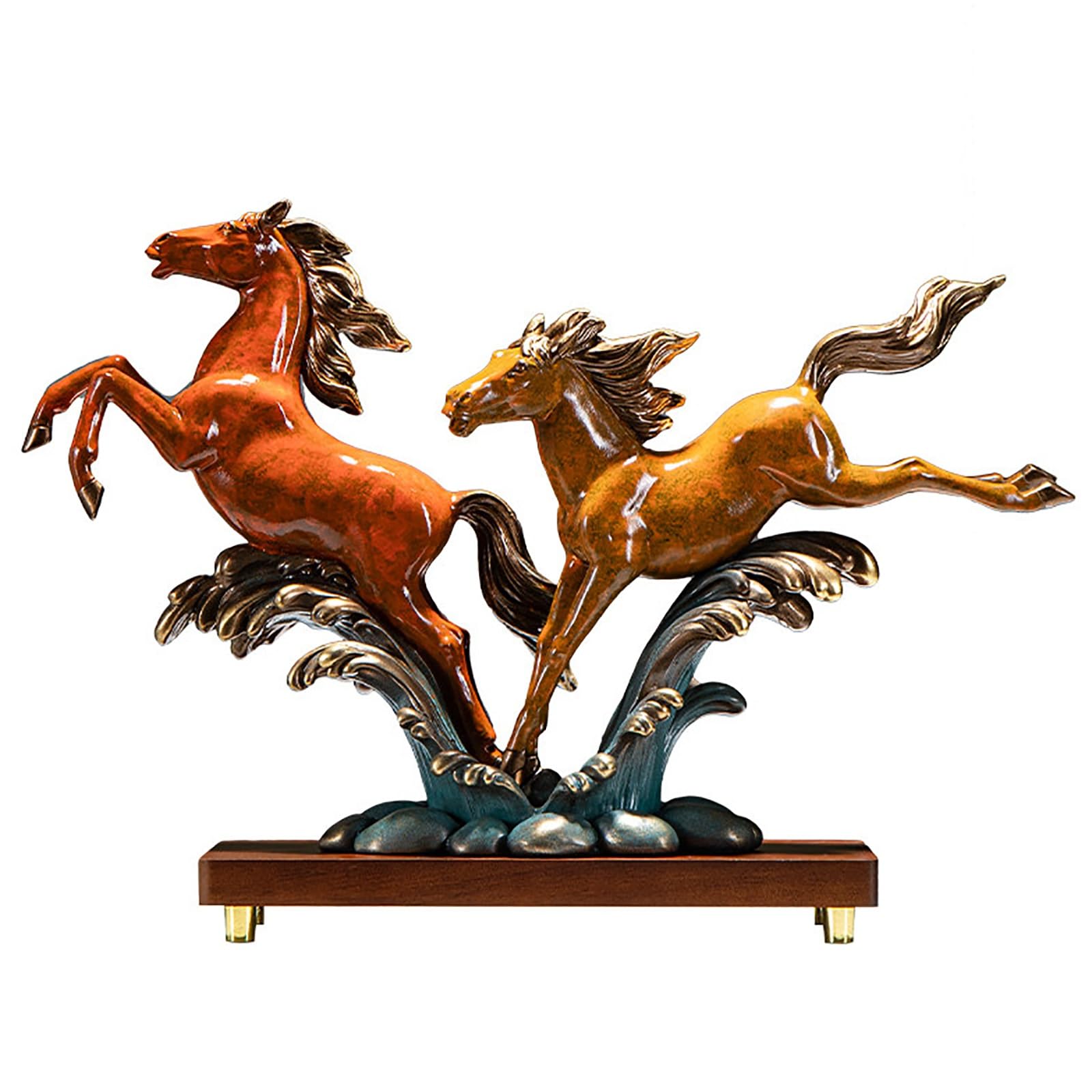 Statue cheval galopant haute finition avec base en bois noble