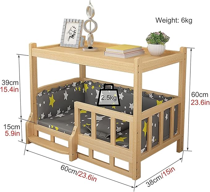 Cama Elevada para Perro con Colchoneta y Barandilla de Madera miniatura 3