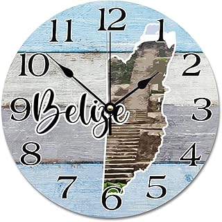 Belize Map Travel Wall Clock Belize Cityscape Tourist Attractions Round Decorative Clocks Battery Operated 12 Inch Quiet Farmhouse Hanging Clock Wall Decor Gift for Foreign Friend
