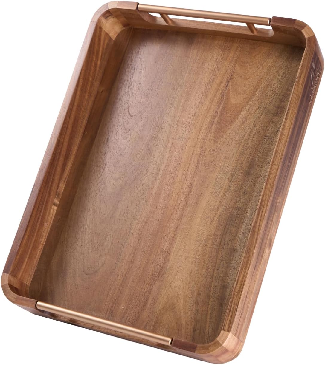 Acacia Wood Serving Tray with Handles - 17'' x 13'' Rectangular Decorative Ottoman Trays for Breakfast, Home Decor, Tea Party, Coffee Table, Candle Display, Kitchen Counter Board