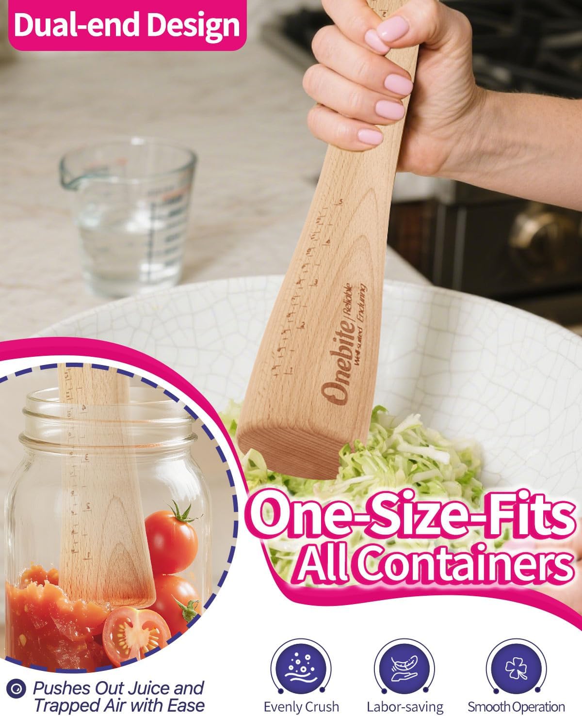 Onebite Sauerkraut Pounder for Mason Jars, Vegetable Fermentation Tamper for Sauerkraut Crocks with Scale Marks - 12" One Piece of Solid Wood, Classic Flat Base