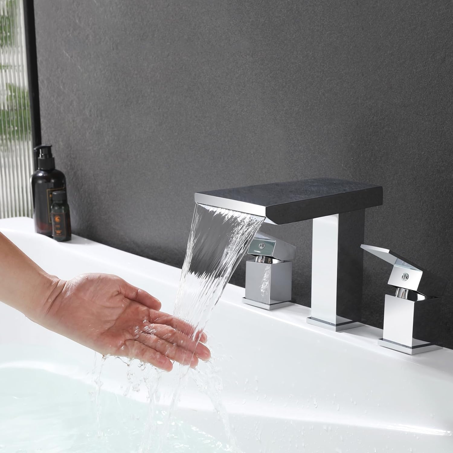 Brass High Flow Waterfall Roman Bathtub Faucet,Deck Mount Bathtub Faucets Set,3 Holes Two Handles Widespread Bath Tub Filler Tub Faucets,Chrome