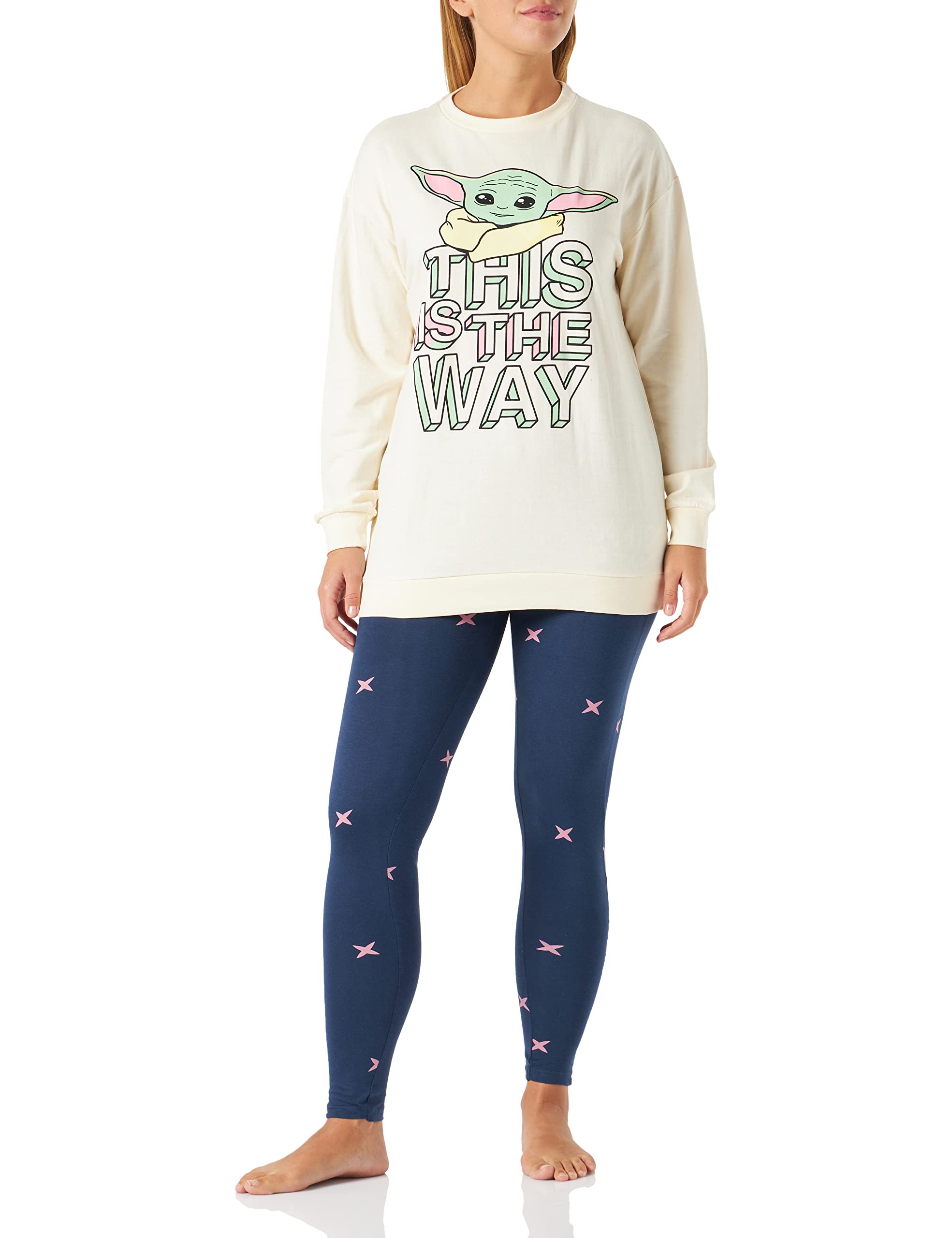CERDÁ LIFE'S LITTLE MOMENTS Pijama Mujer Invierno de Baby Yoda [ The Mandalorian ] 100% de Algodón con Camiseta Manga Pantalon Largo Juego, Blanco, S, 2900000347_T2S-C76