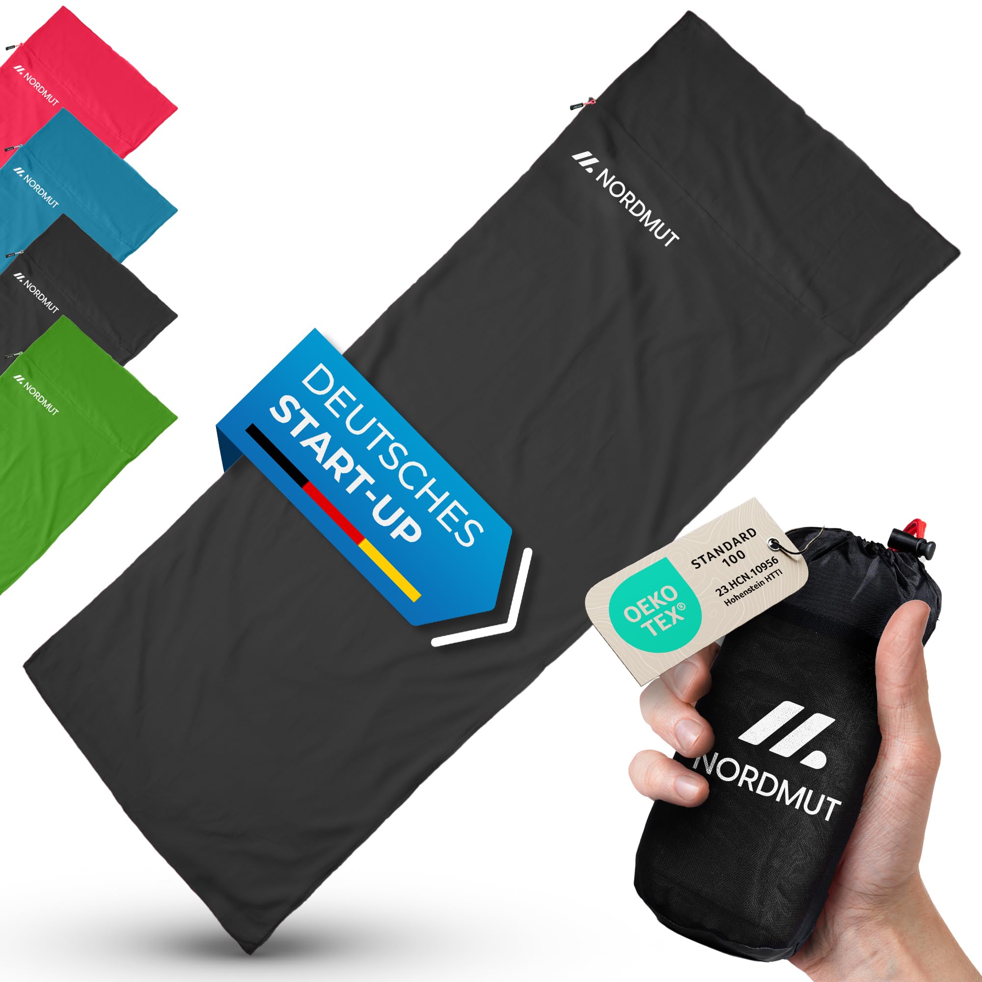 NORDMUT® Hüttenschlafsack Mikrofaser Ultraleicht - Sommerschlafsack Kleines Packmaß & Atmungsaktiv - Schlafsack Dünn & besonders weich inkl. Kissenfach [220 x 90 cm]