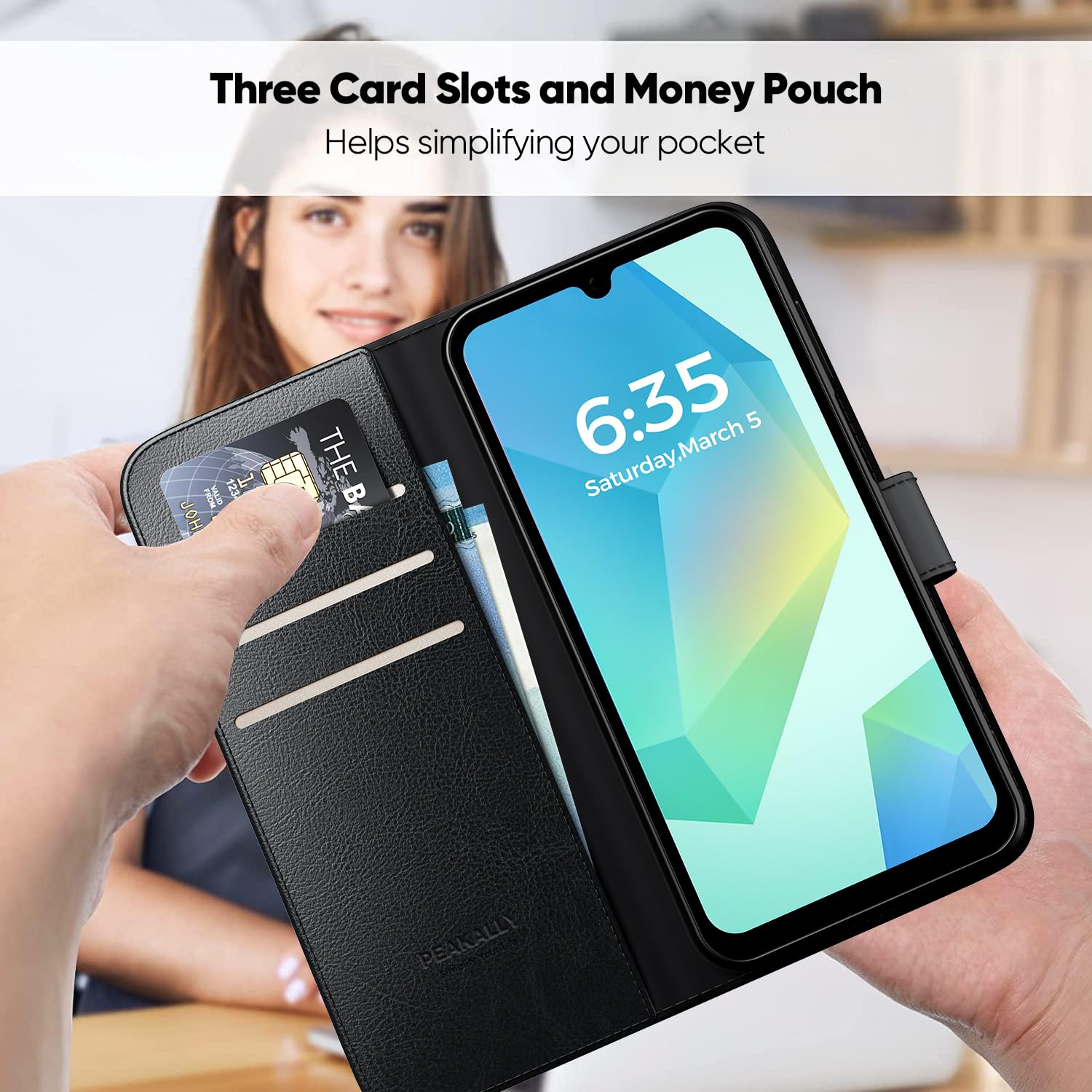 Peakally Etui kompatybilny z Samsung Galaxy A16 5G [z 1 sztuką pancernego szkła ochronnego] [skóra poliuretanowa premium] [blokada RFID] [kieszeń na karty] etui z klapką, Czarny