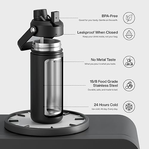 Miniatura 3 de ENCOOL Botella de agua aislada con popote, de acero inoxidable, a prueba de fugas, sin BPA, al vacío de doble pared que se mantiene fría durante 24