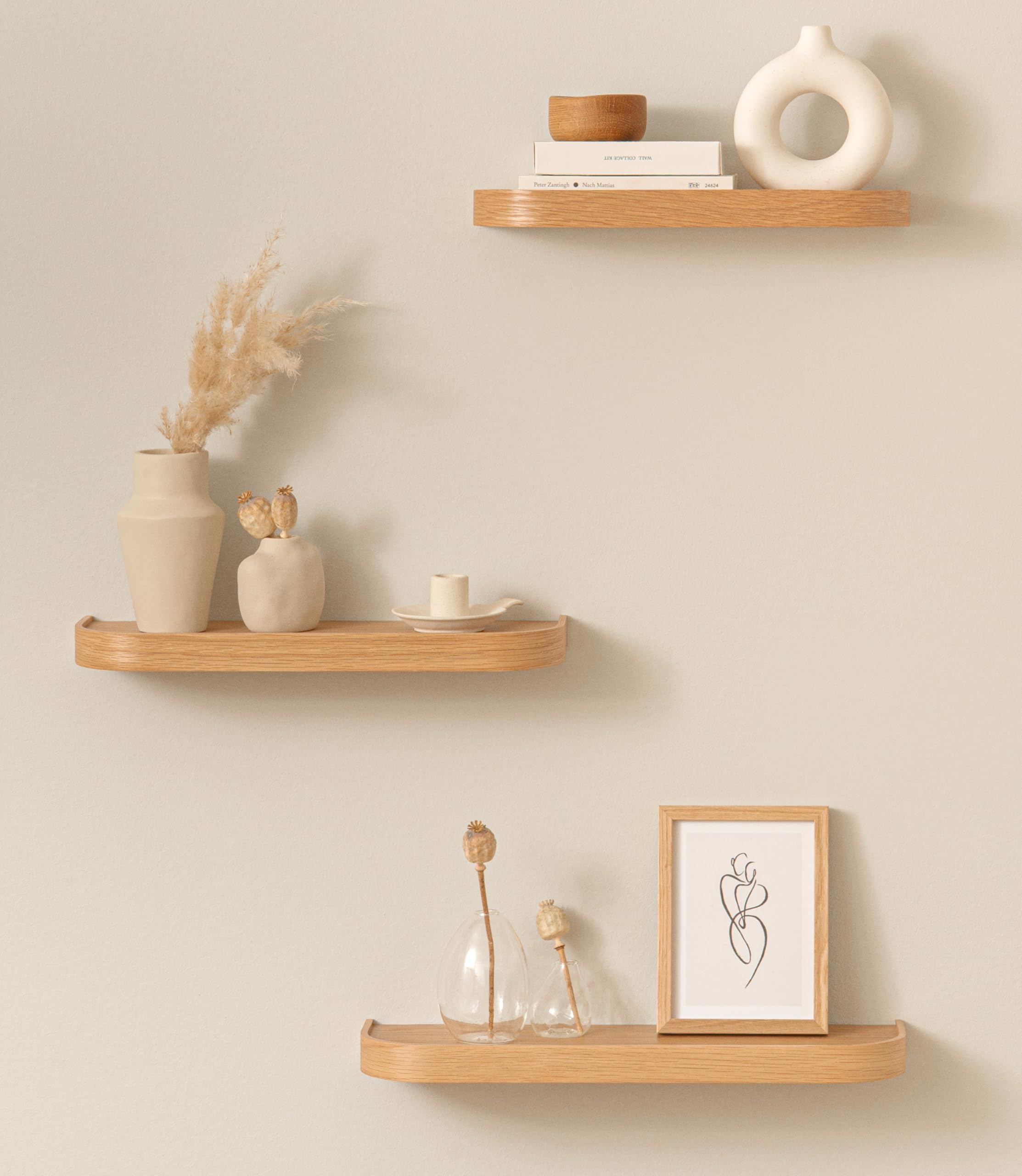 Kazai.® Estantería Pared Set 'Neva' | 3 Baldas Flotantes en Chapa de Madera Natural | Estante para Decoración y Almacenamiento en Baño, Cocina, Sala, Dormitorio y Más | Roble