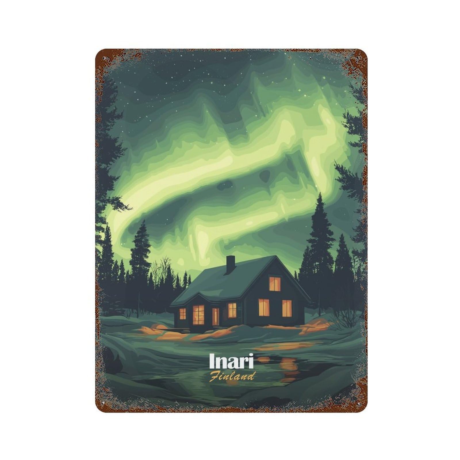 Distressed Metal Wall Sign Northern Lights Cabin 15.7"x11.8", Retro Wall Decor for Basement, Hobby Room And Garage Decor