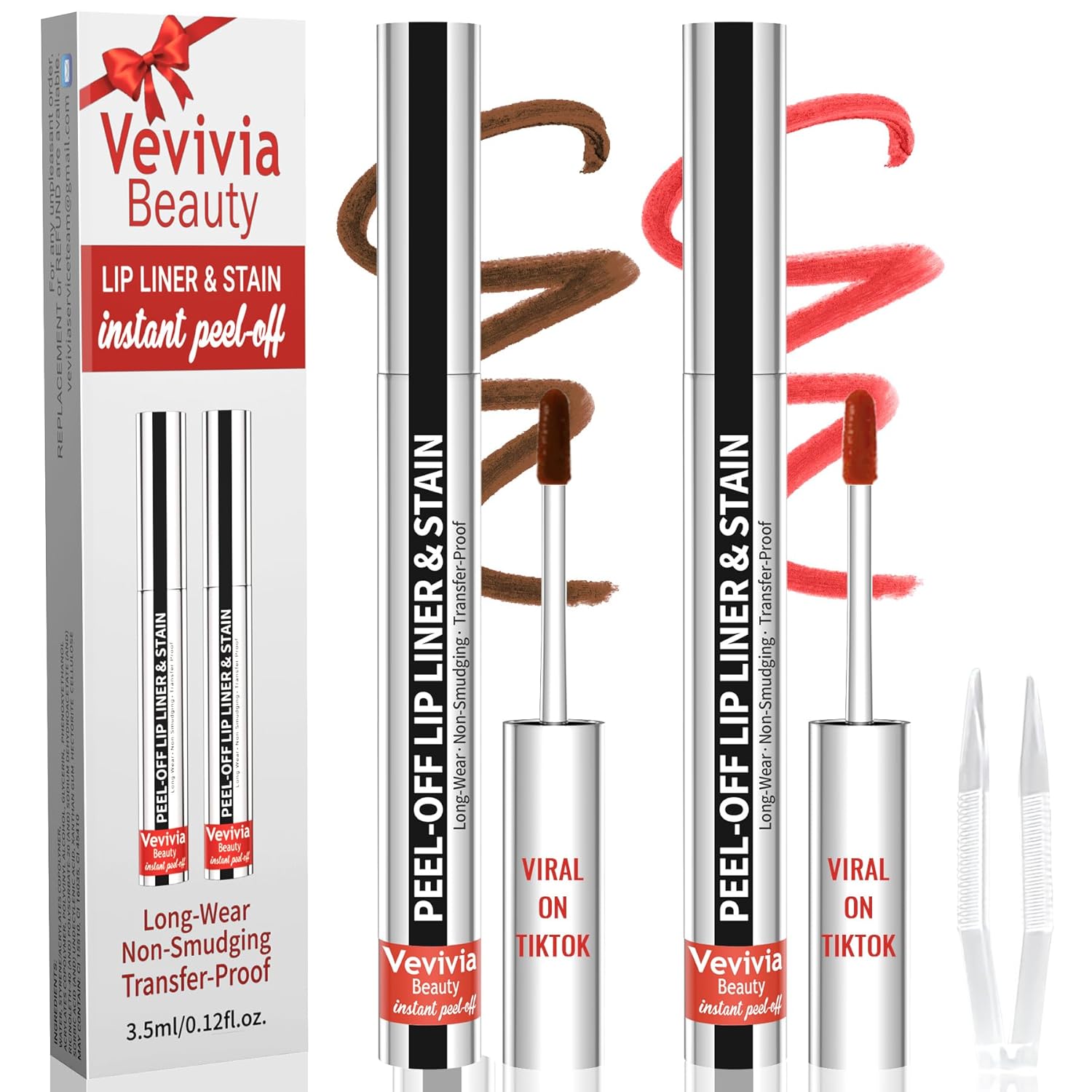 Vevivia 2pcs Lip Stain Peel Off – Lip Liner Stain Long Lasting Waterproof,2-in-1 Lip Liner with Tweezer Nude Matte,Non-Stick Cup, Highly Pigmented,Stay On All Day,Perfect for Gift (Cocoa+Coffee)