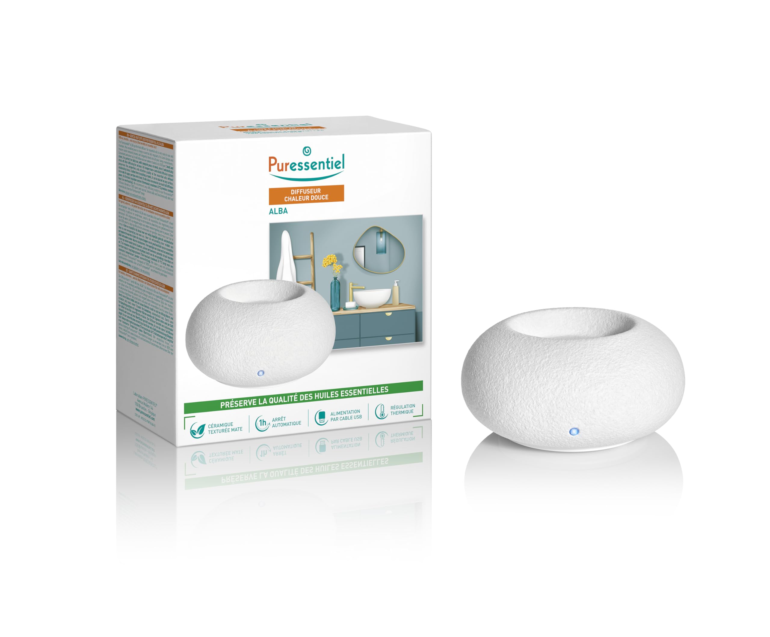 Puressentiel Alba - Difusor de aceites esenciales de calor suave - Difusión por sistema de regulación térmica - Difusor cerámico texturizado mate - Silenciador - Apagado automático