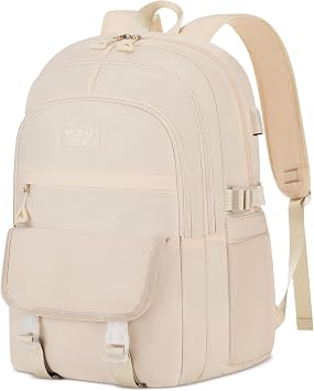 KROSIAS School Backpack for Teen Girls Women, Lightweight Cute Bookbag Large 15.6 Inch Laptop Bag for High School College Students - Beige