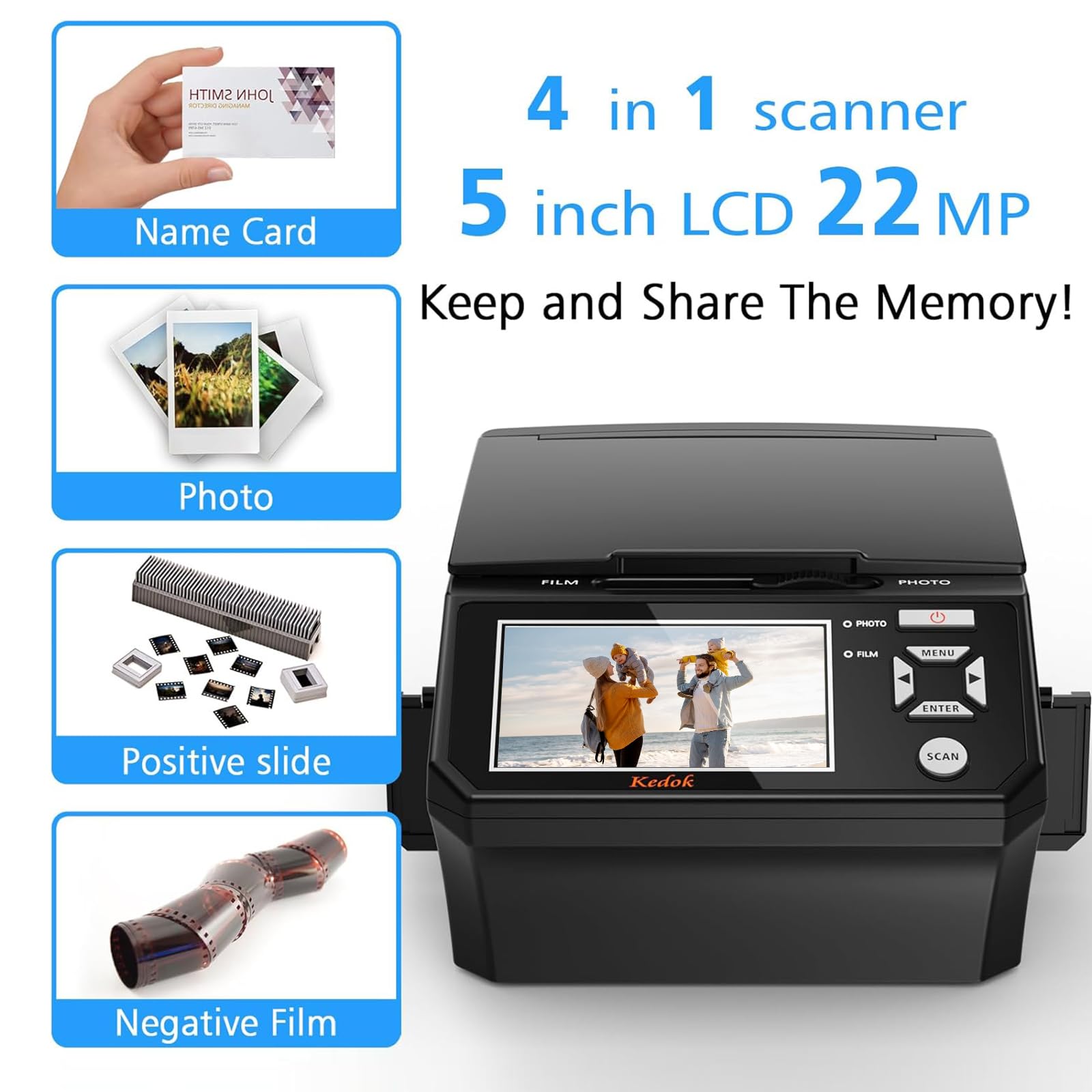Scanner multi-photos, diapositives et négatifs, scanner photo à numériser avec grand écran LCD de 5 pouces, convertir 35 mm, 110 films/photo/carte de visite en 22 MP Digital JPEG, contient une carte