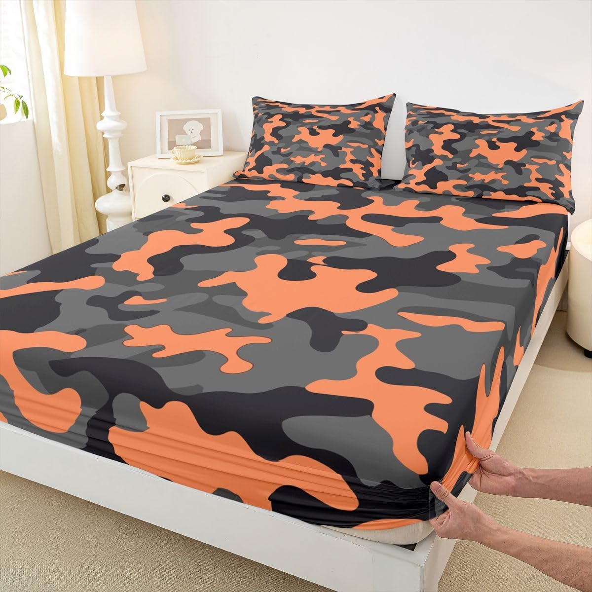 Feelyou Army Camouflage Bedding Sheets Teens Camo Bed Sheet Set for Kids Boys Girls Colorful Pattern Decor Bedding Fitted Sheet Orange Black Grey Bed Cover Bedroom Collection 3Pcs Queen Size