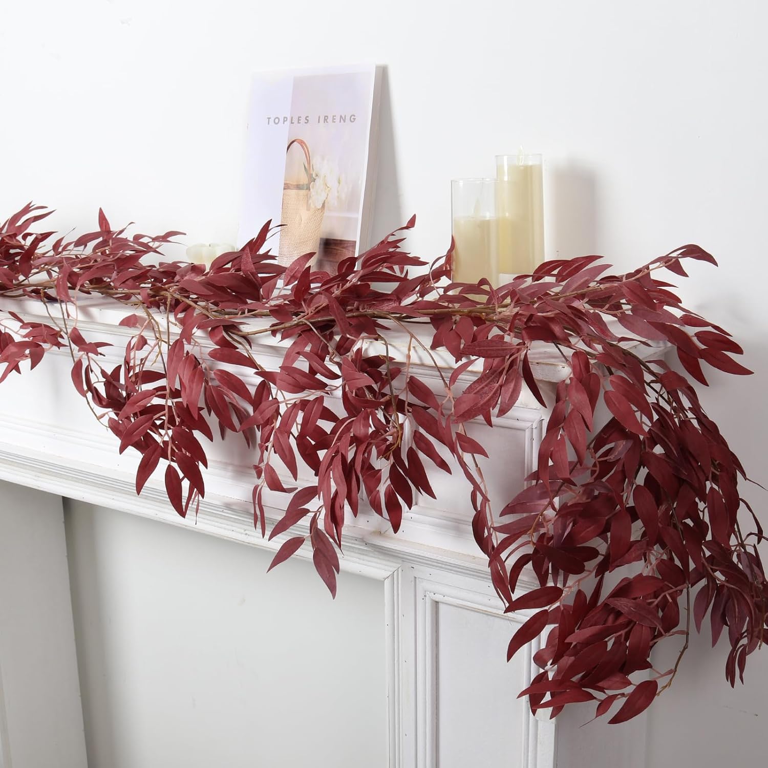 RECUTMS Artificial Hanging Willow Leaves Vine Twigs 2Pcs 5.7Ft Fake Silk Burgundy Leaf Ivy Fall Garland Faux Greenery Indoor Outdoor Valentines Day Wedding Birthday Christmas Thanksgiving Party Decor - Image 6