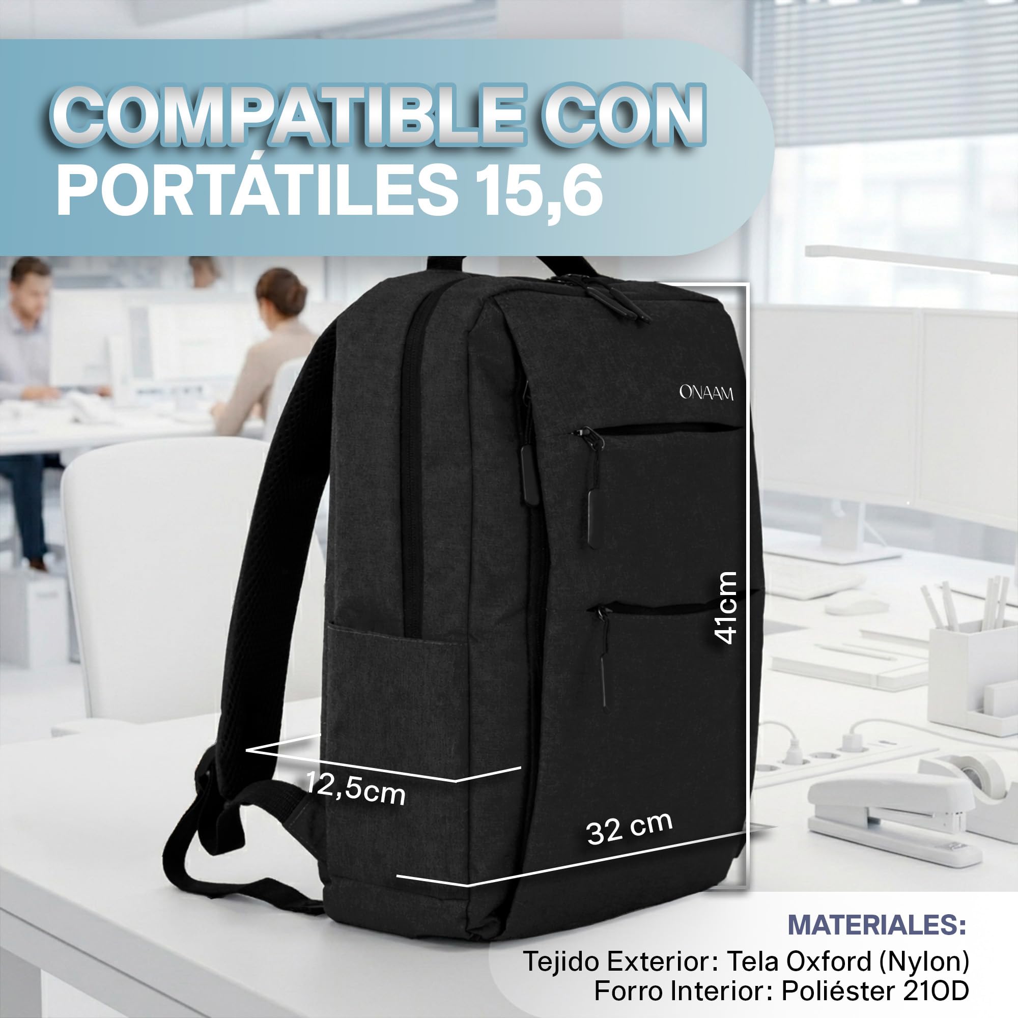 ONAAM Mochila Portatil 15,6" Ligera 0,5kg para Trabajo y Oficina Hombre Mujer, Mochila Ordenador Impermeable con Puerto USB y Estuche Portacables, Viaje Universidad Elegante Negro
