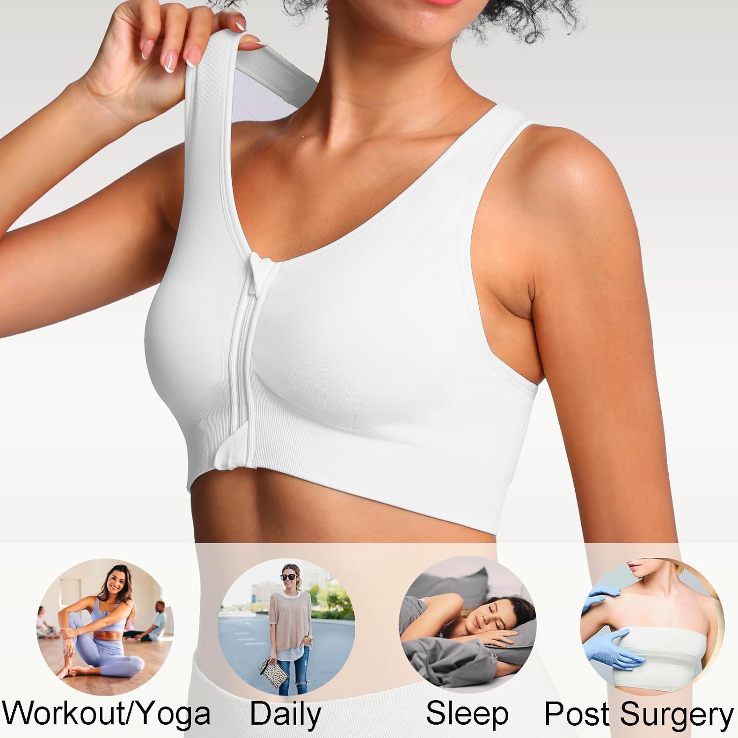 Lemef Front Zipper Sports Bras for Women Wirefree Post Surgery Bra Front Closure Racerback Compression Mastectomy Bras - Image 6
