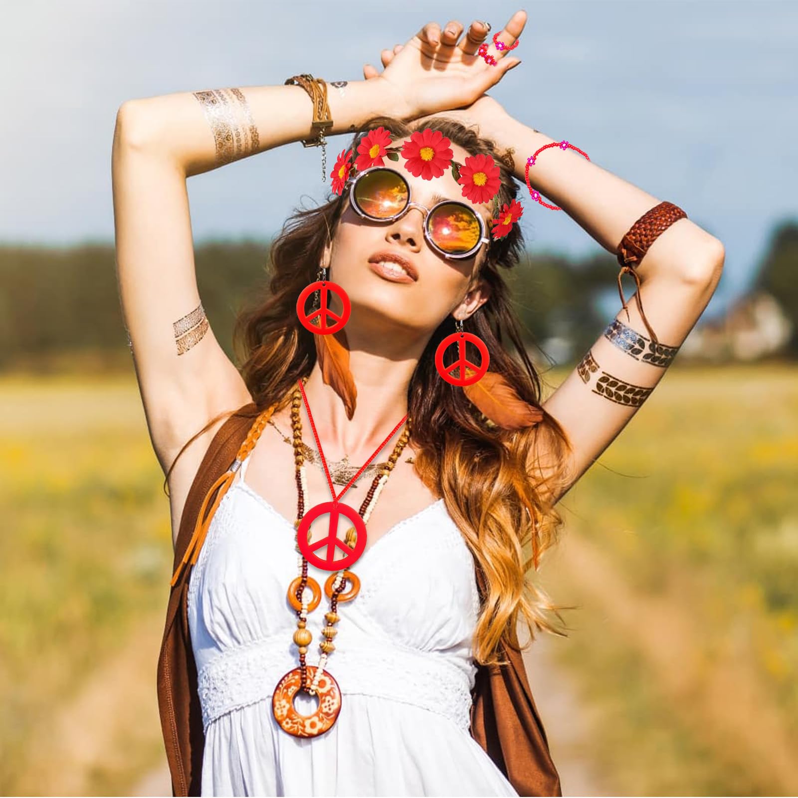 Dazzroi 7Pcs Hippie Costume Accessories for Women 60s 70s Dressing Accessories Set including Plastic Necklace Earring Flower Headband Bracelet Ring Sunglasses Retro Deco for Dress Up (red) - Image 4