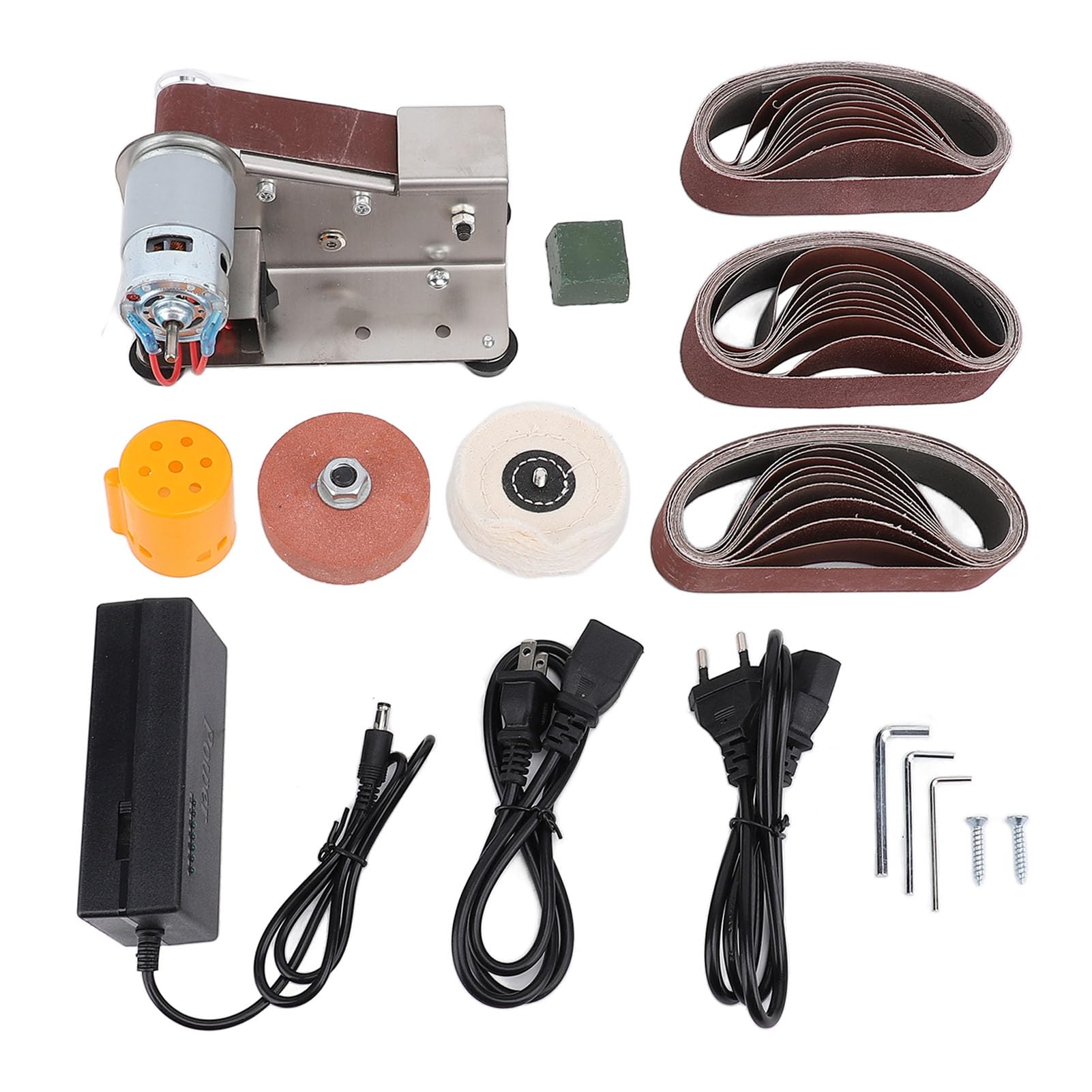 Ponceuse à Bande Stationnaire, Ponceuse à Rouleaux électrique Ponceuse à Bande avec Bandes Abrasives Disques de Ponçage Accessoires Machine de Polissage Réglable en 7 étapes avec