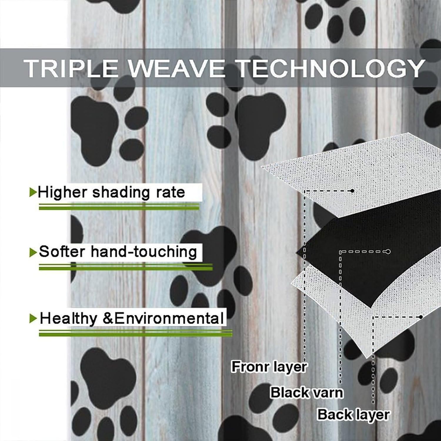 Dog Paws Curtains Farm Wooden Board Black Paws Pattern for Kids Room Decoration Blackout Print Rod Pocket Window Drapes for Bedroom Living Room 42x54in