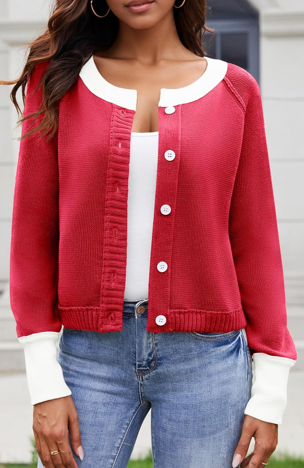 UNCLECAT Women's Cropped Cardigan Sweaters Fall Long Sleeve Open Front Cardigans Button Down Color Block Knit Outwear Coats - Image 3