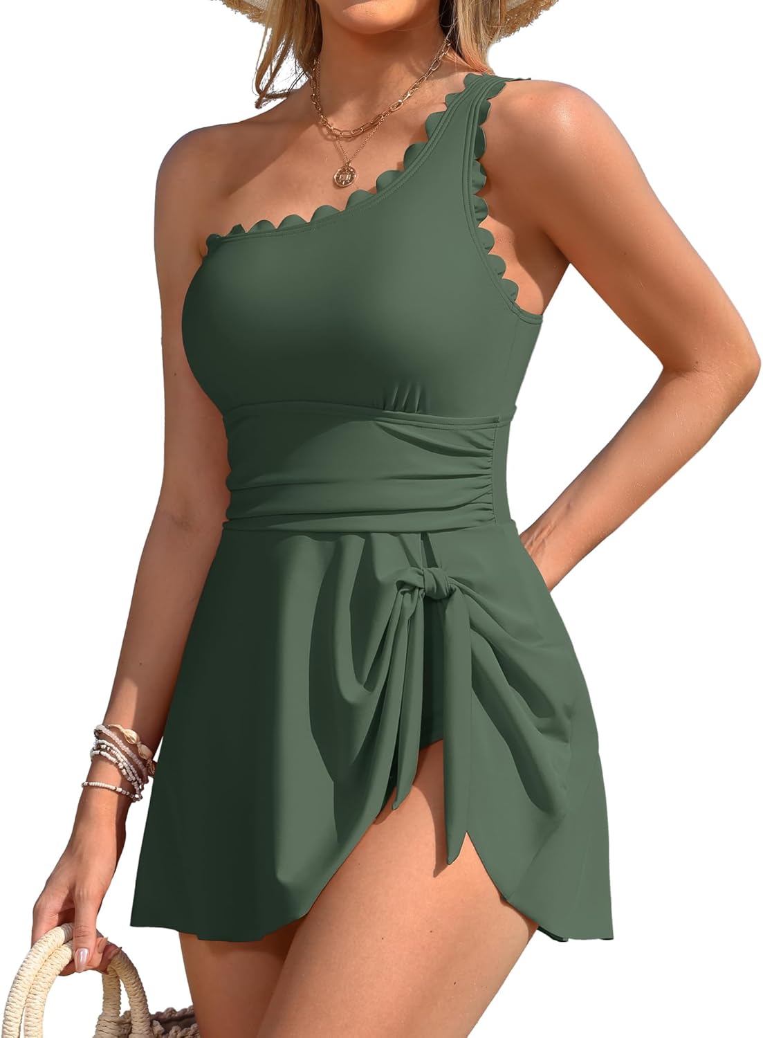 Charmo One Shoulder One Piece Swimsuit Women Tummy Control Bathing Suit with Skirt Tie Knot Cute Scalloped Swimdress