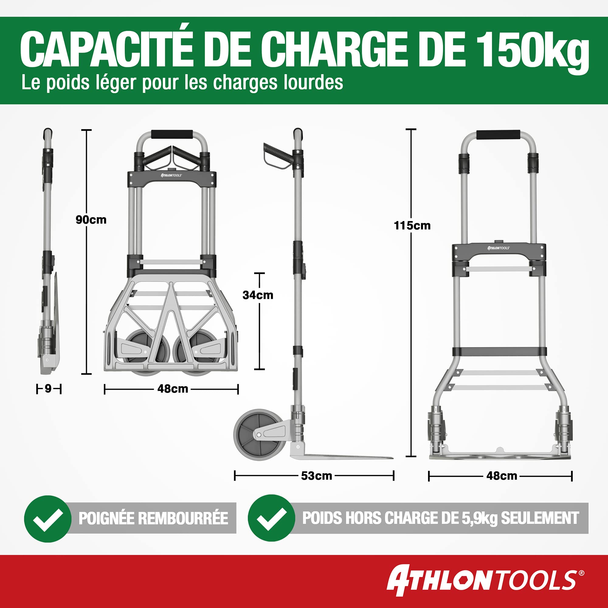 ATHLON TOOLS Diable Pliant en Aluminium pour Charge Lourde TÜV GS-certifié| Grandes Roues maniables avec Surfaces de roulement Souples | y Compris 2 Cordons Extensibles - modèle 2025