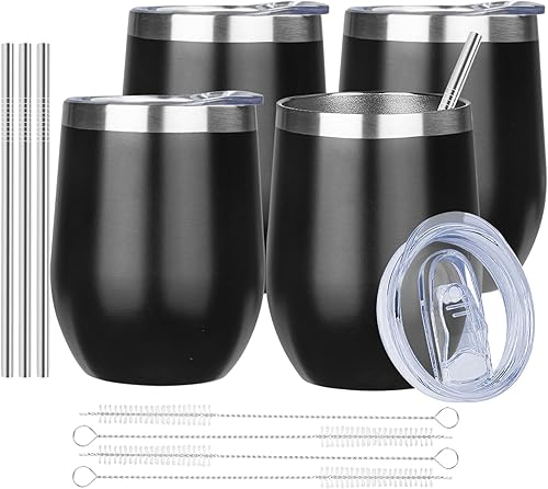 MEZMUT Vaso de vino aislado de 12 onzas con tapa, doble pared al vacío, de acero inoxidable, taza de café, taza de café aislada para champán,