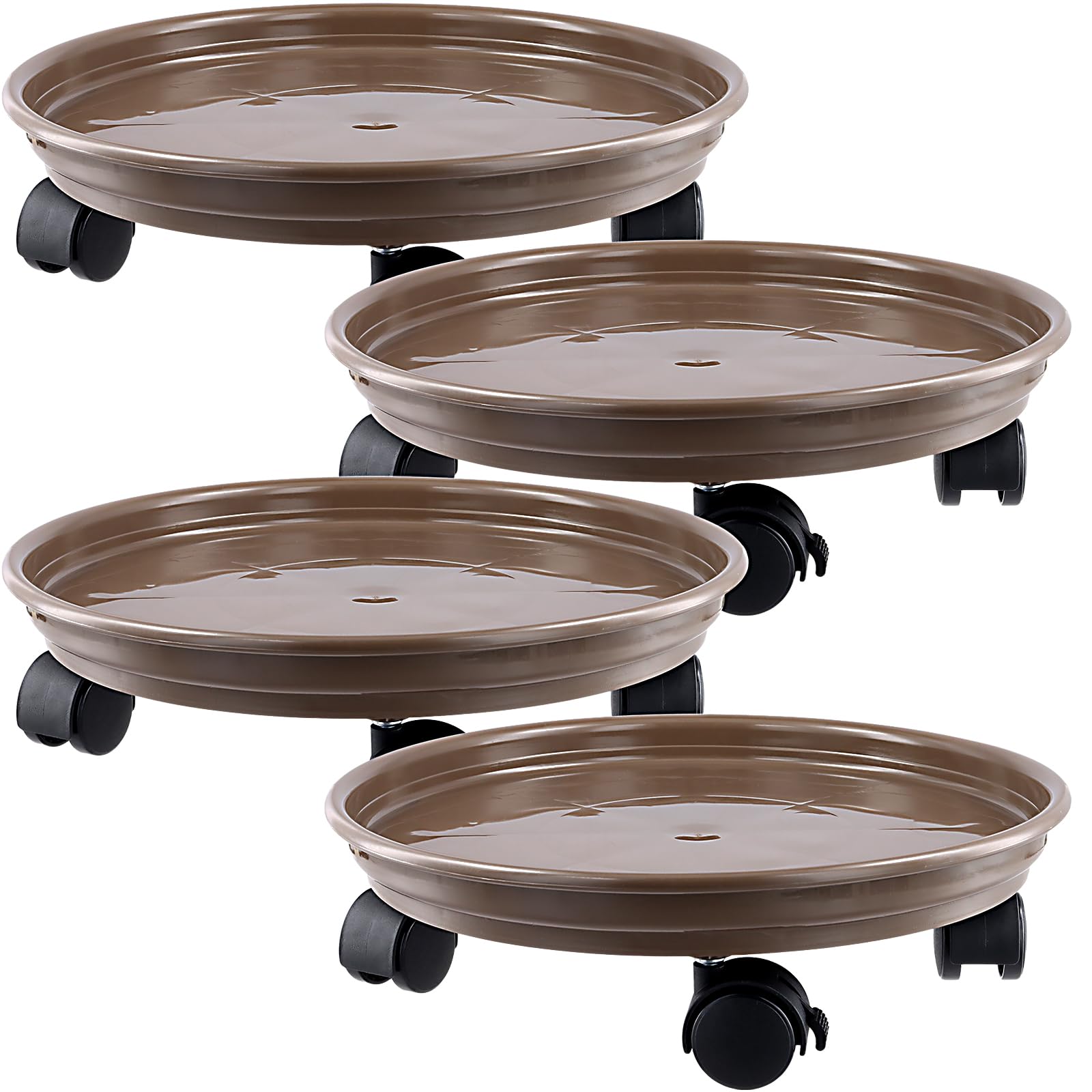 KEILEOHO 4 supporti per piante arrotolabili da 33 cm, colore marrone, con ruote, per piante, rotondi, per interni ed esterni